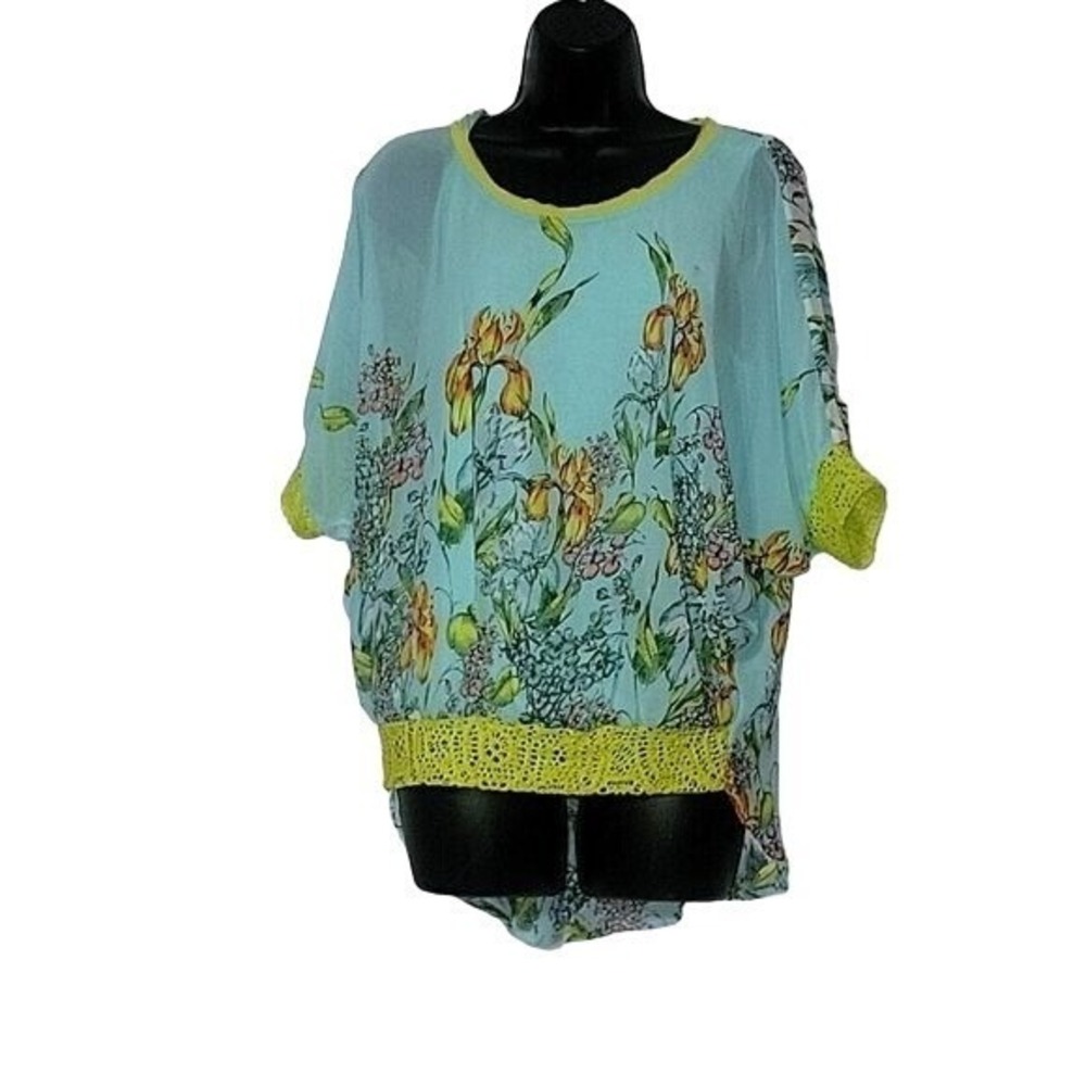 ALBERTO MERKALI Floral Print Blouse Crochet Trim Sheer Aqua Blue Top Bohemian M